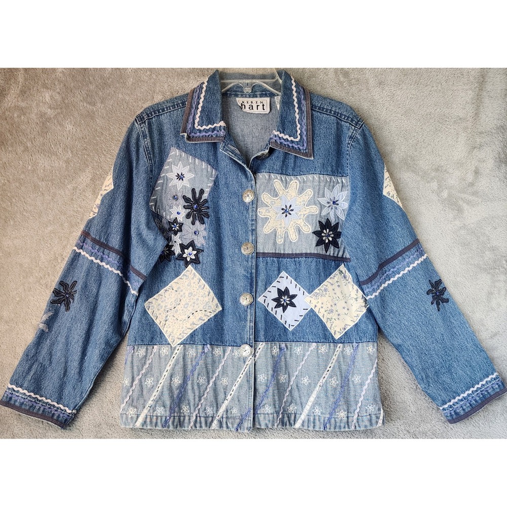 Keren Hart Denim Jacket Womens L Blue Patchwork Floral Embroidered Rickrack Trim